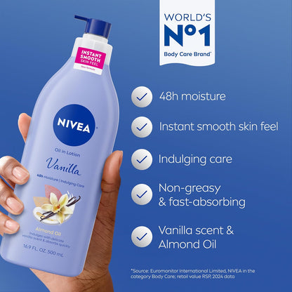 Oil Infused Vanilla and Almond Oil Body Lotion, Non-Greasy Vanilla Scented Lotion Moisturizes for 24+ Hours, 16.9 Fl Oz Pump Bottle