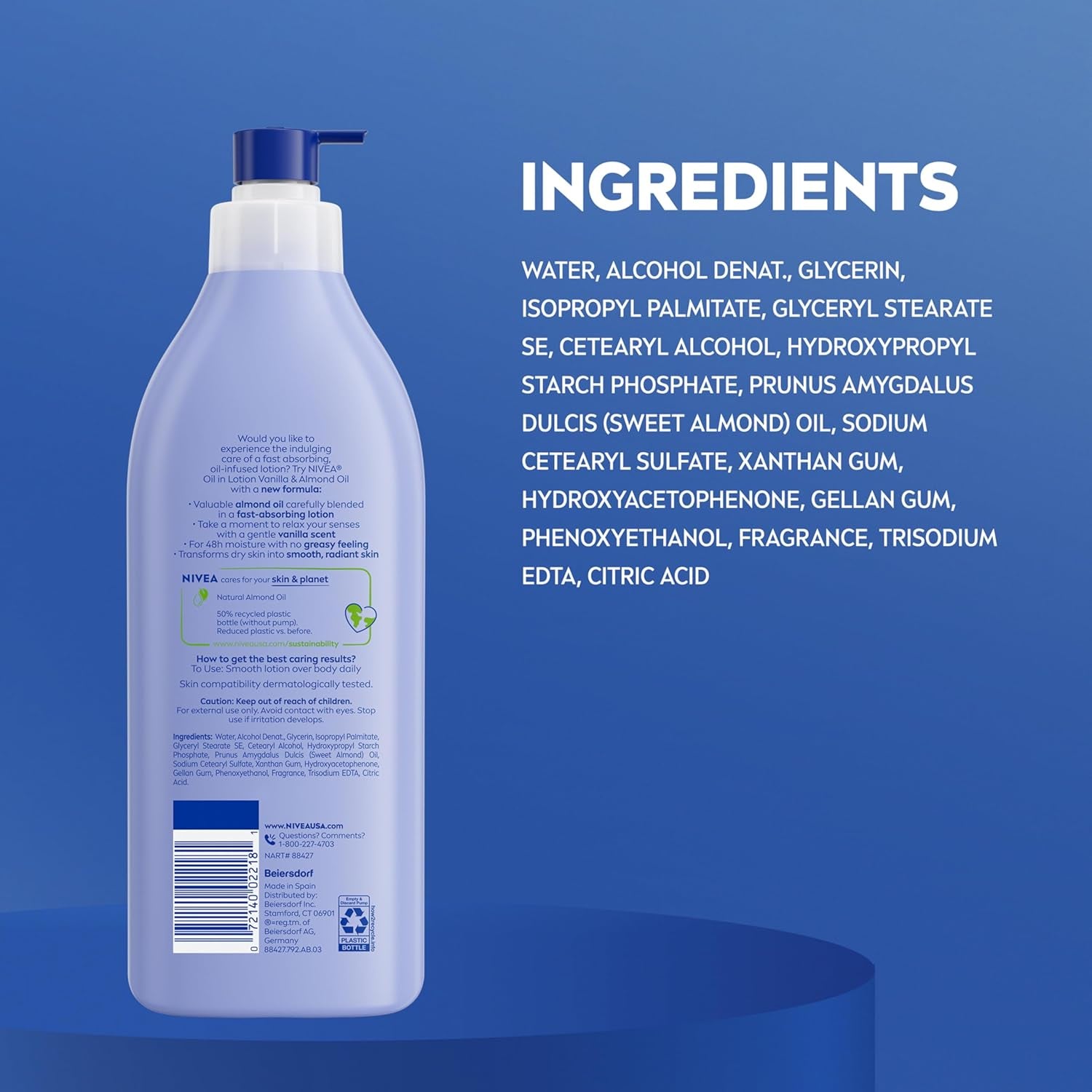 Oil Infused Vanilla and Almond Oil Body Lotion, Non-Greasy Vanilla Scented Lotion Moisturizes for 24+ Hours, 16.9 Fl Oz Pump Bottle